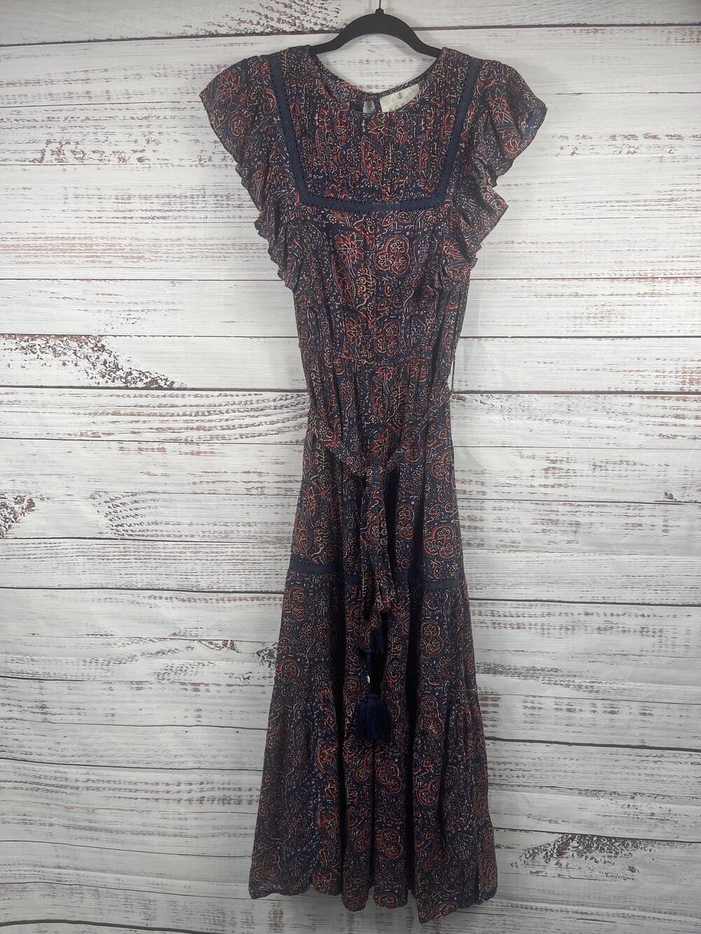 KOPAL Dress Women's Size L Blue Paisley Flutter Sleeve Maxi Belted Boho Sundress